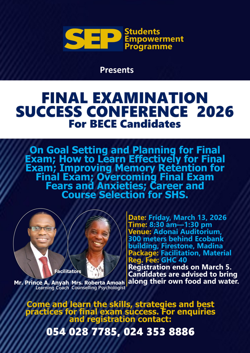 Ghana Events – FINAL EXAMINATION SUCCESS CONFERENCE 2026 For BECE Candidates Ghana Events – FINAL EXAMINATION SUCCESS CONFERENCE 2026 For BECE Candidates