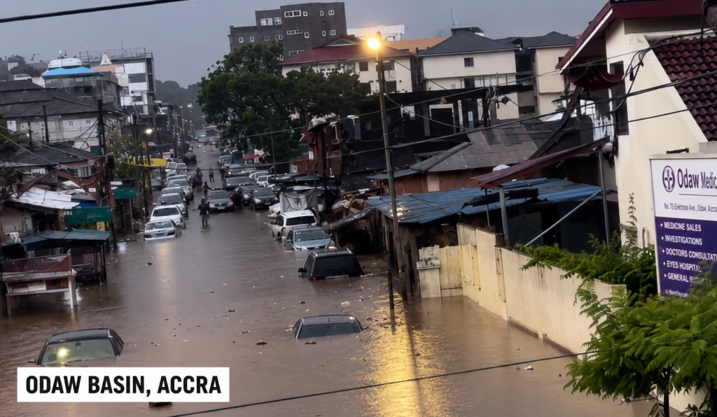 A street in Odaw Basin, Accra, flooded