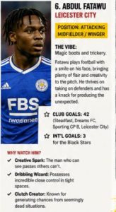 Profile card for Abdul Fatawu of Leicester City; attacking midfielder/winger with notes on style and goals.