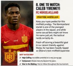 Feature card about a young midfielder: 'One to Watch: Caleb Virenk y' — FC Nordsjaelland; Position: Midfielder; brief bio highlighting his goal scoring and potential in the tournament.
