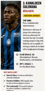 Profile card for footballer Kamaldeen Sulemana: Atalanta winger, portrait on left; right side lists vibe notes, brief bio, club goals (26) and international goals (1).