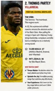 Profile card for Thomas Partey (Villarreal): photo in yellow kit on left with bio details and stats on the right.
