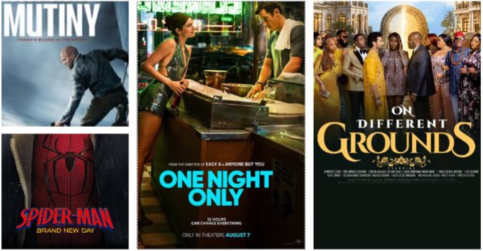 collage of four film posters: Mutiny (top-left), Spider-Man: Brand New Day (bottom-left), One Night Only (center), On Different Grounds (right)