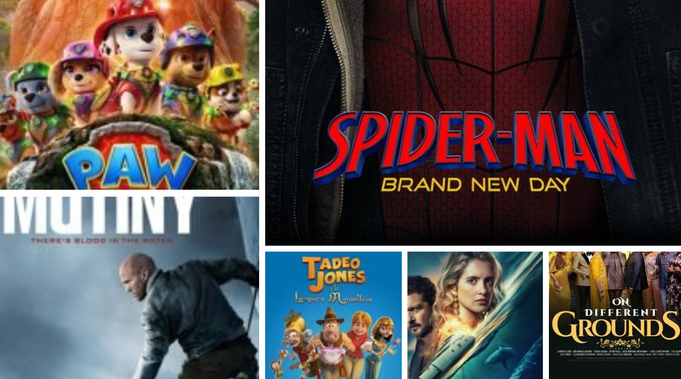 Collage of six movie posters including Paw Patrol, Spider-Man: Brand New Day, a Bourne-like action film, Tadéo Jones, a sci-fi romance poster, and On Different Grounds.