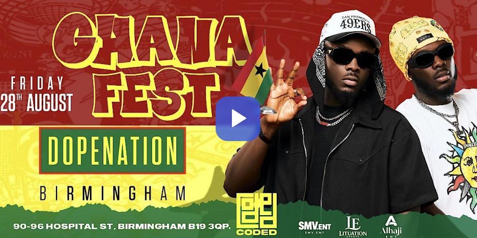 Promotional banner for Ghanta Fest featuring two men in sunglasses, with DOPENATION Birmingham details and event logos in bold colors.