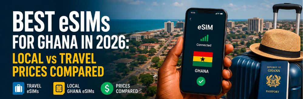 Banner for Ghana eSIM guide: headline 'BEST eSIMS FOR GHANA IN 2026: LOCAL vs TRAVEL PRICES COMPARED' with a hand holding a phone showing an eSIM and Ghana flag, luggage and passport in the background.